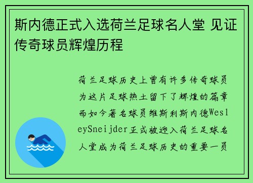斯内德正式入选荷兰足球名人堂 见证传奇球员辉煌历程